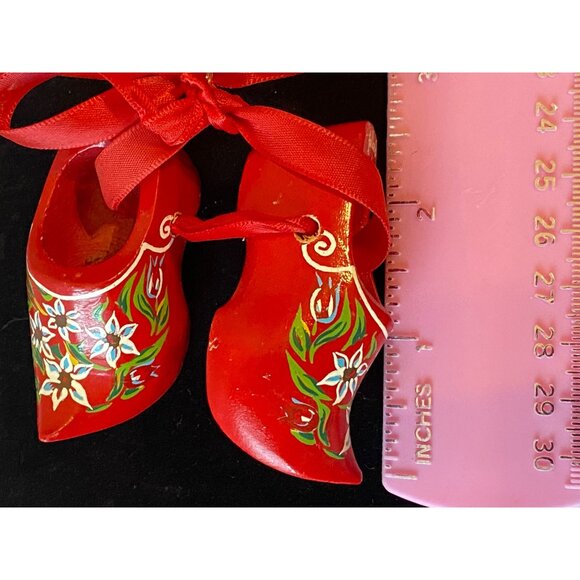 Mini Hand-Painted Wooden Dutch Clogs With Floral Design & Red Ribbon From Hollan - Picture 7 of 9